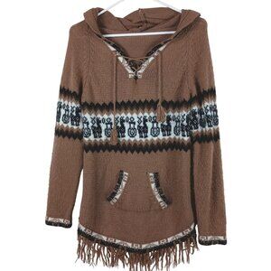 Alpaca Hooded Sweater Womens S Llama Fringe Brown Boho Gorpcore Peru Knit
